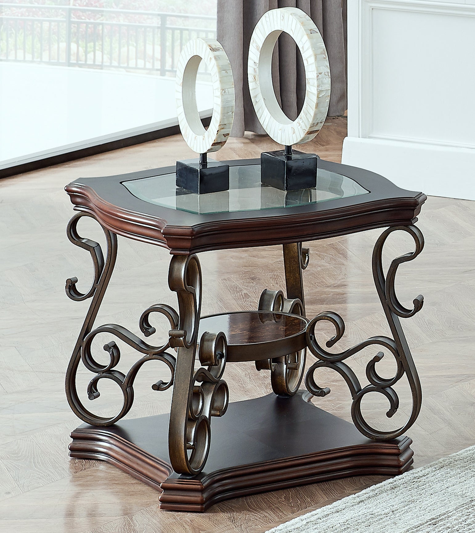 End table, Glass table top, MDF W/marble paper middle shelf, powder coat finish metal legs. (26.3'Lx26.3'Wx24'H) - 1st Choice Furniture Direct