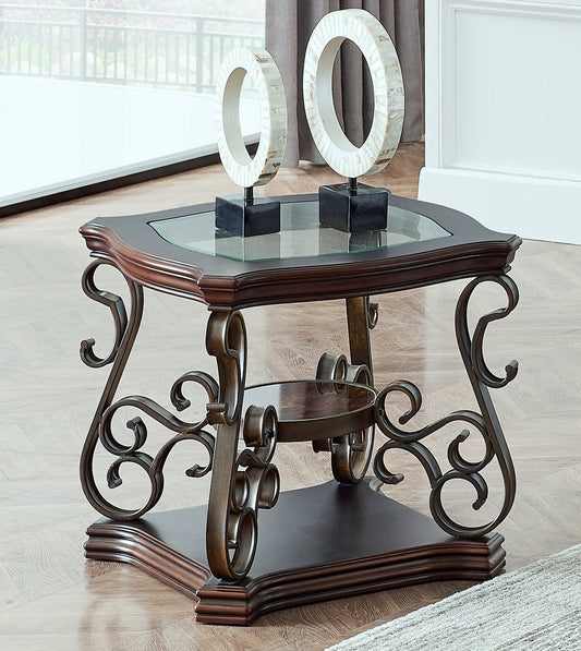 End table, Glass table top, MDF W/marble paper middle shelf, powder coat finish metal legs. (26.3'Lx26.3'Wx24'H) - 1st Choice Furniture Direct