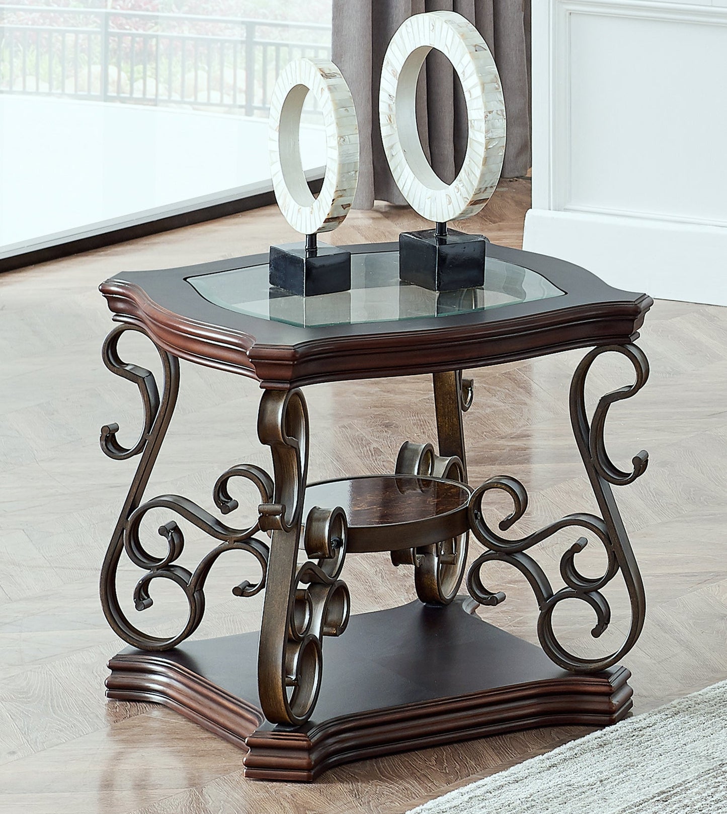 End table, Glass table top, MDF W/marble paper middle shelf, powder coat finish metal legs. (26.3'Lx26.3'Wx24'H) - 1st Choice Furniture Direct