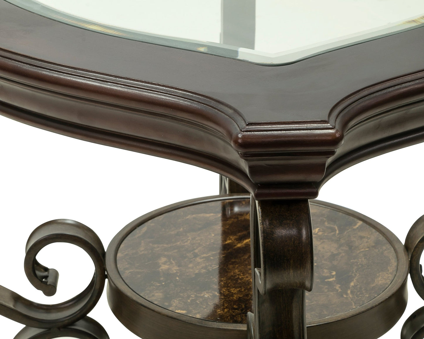 End table, Glass table top, MDF W/marble paper middle shelf, powder coat finish metal legs. (26.3'Lx26.3'Wx24'H) - 1st Choice Furniture Direct