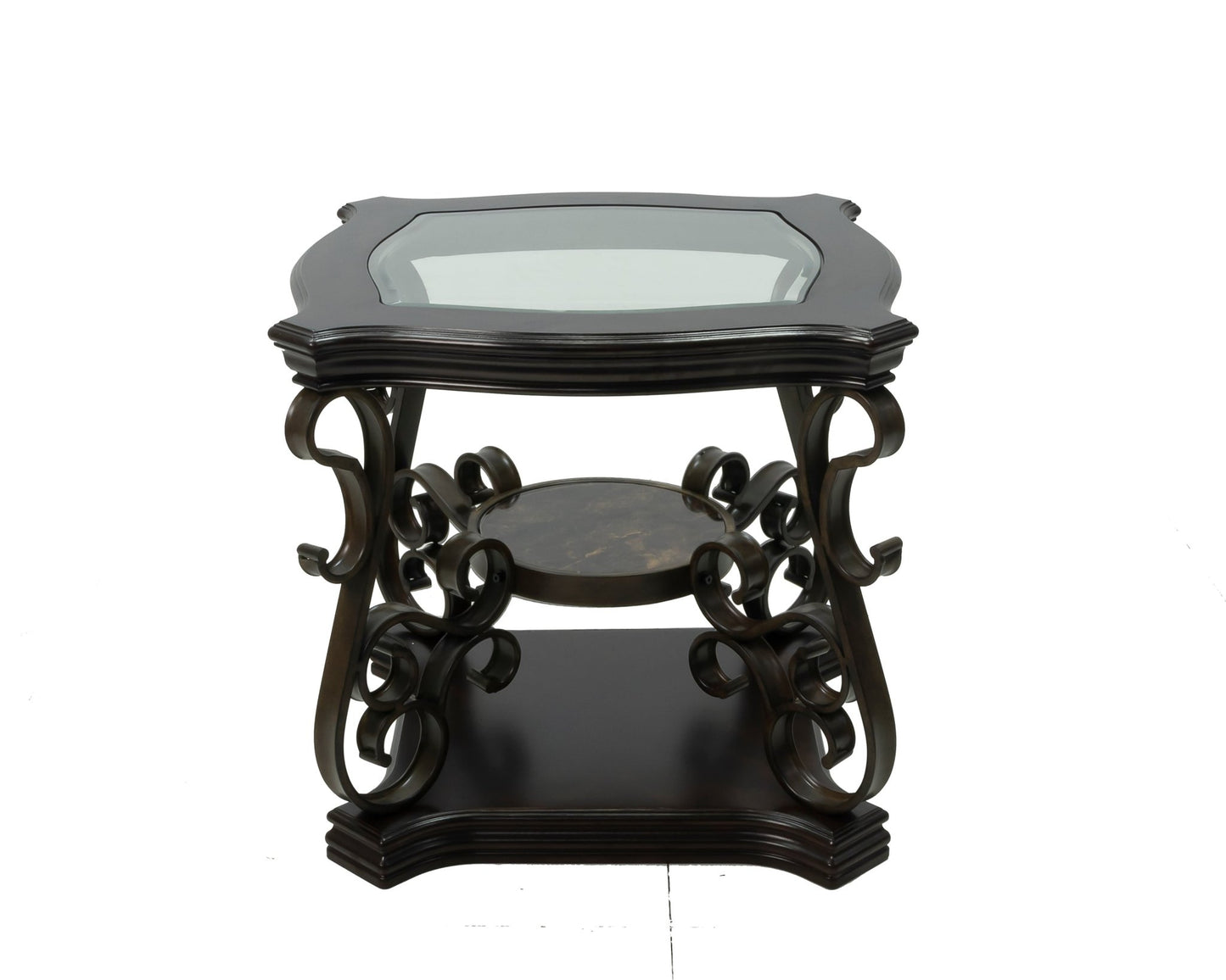 End table, Glass table top, MDF W/marble paper middle shelf, powder coat finish metal legs. (26.3'Lx26.3'Wx24'H) - 1st Choice Furniture Direct
