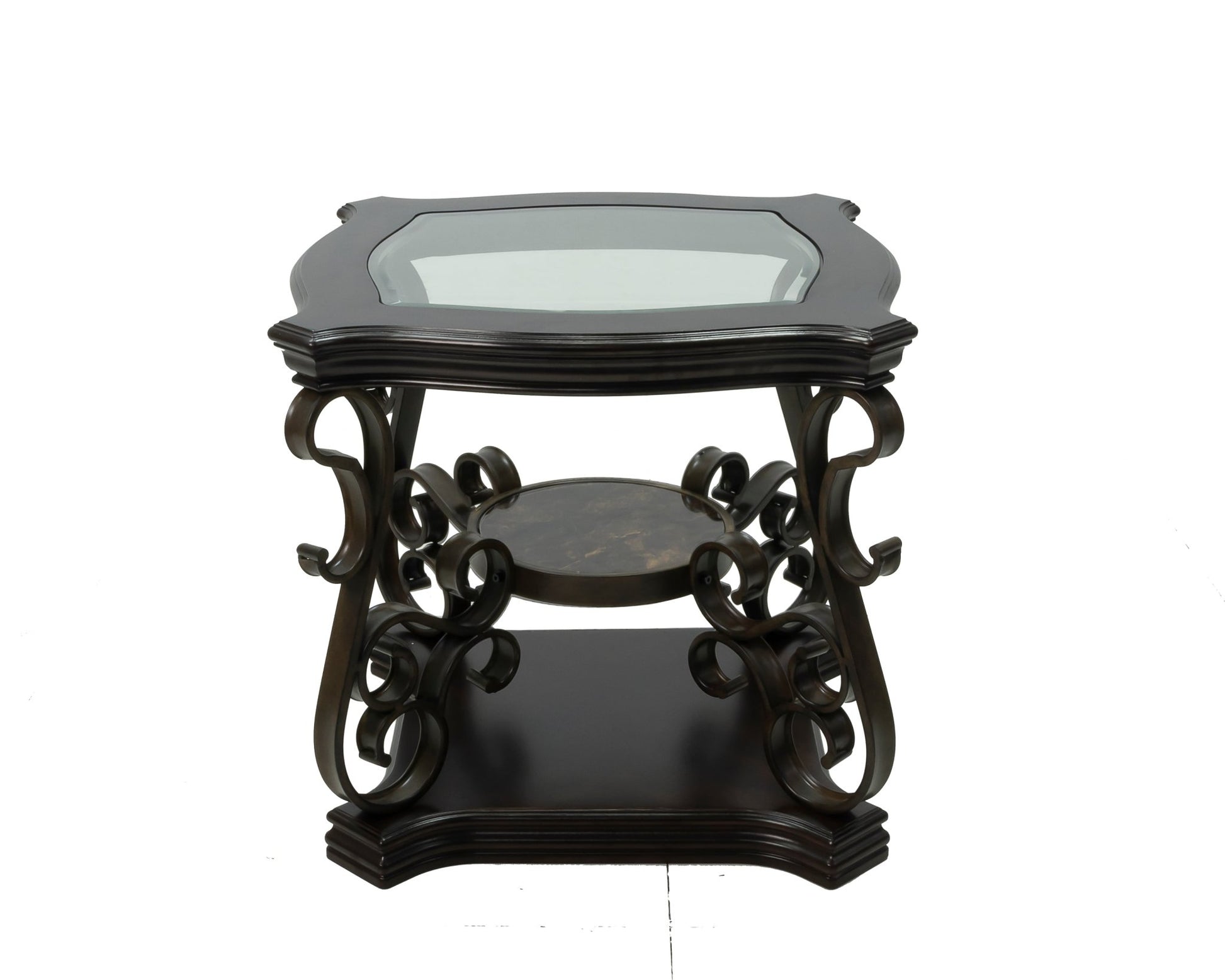 End table, Glass table top, MDF W/marble paper middle shelf, powder coat finish metal legs. (26.3'Lx26.3'Wx24'H) - 1st Choice Furniture Direct