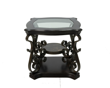 End table, Glass table top, MDF W/marble paper middle shelf, powder coat finish metal legs. (26.3'Lx26.3'Wx24'H) - 1st Choice Furniture Direct