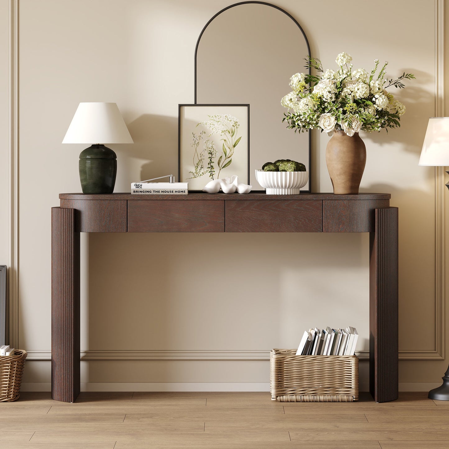Espresso Entryway Console Table with Drawers | Fluted Sofa Table - 1st Choice Furniture Direct