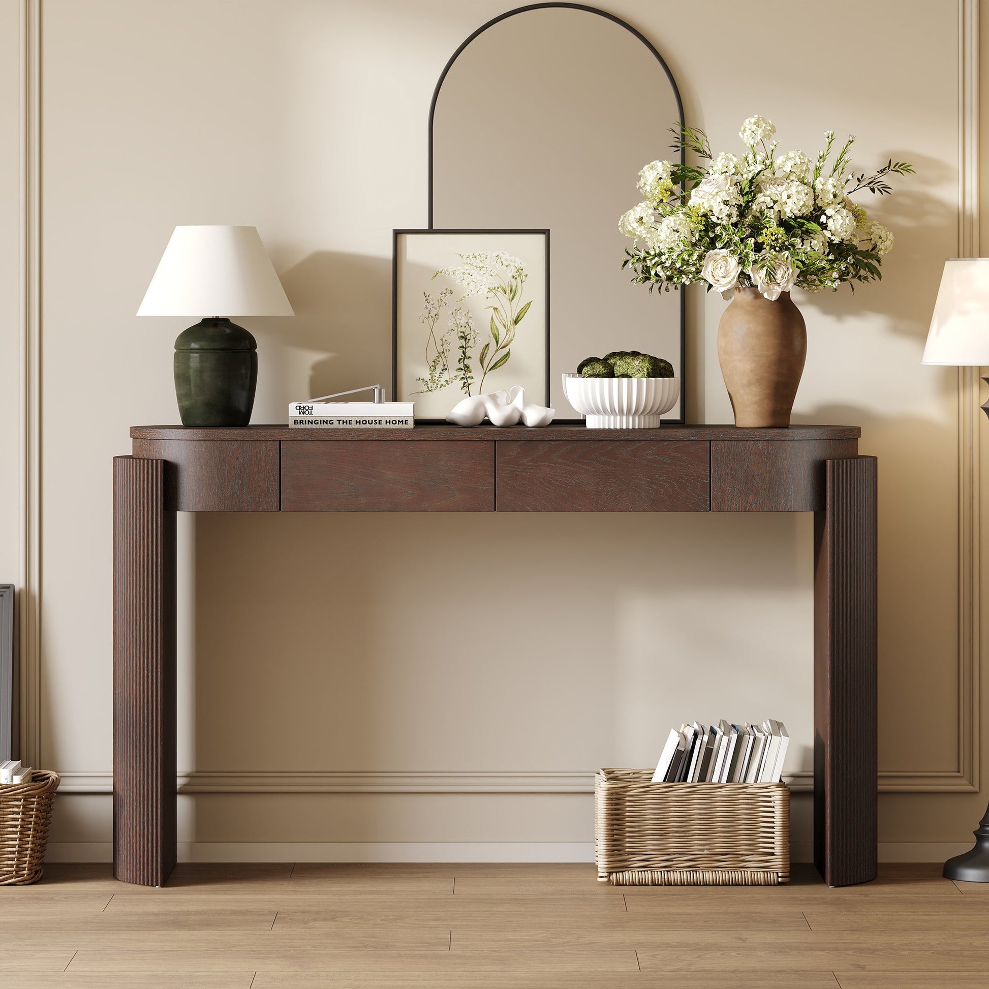 Espresso Entryway Console Table with Drawers | Fluted Sofa Table - 1st Choice Furniture Direct