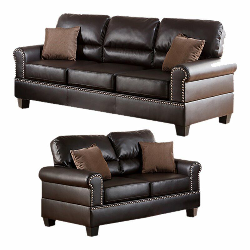 Espresso Faux Leather 2pc Sofa Set Sofa And Loveseat Elegant Plush Contemporary Couch Living Room Furniture - 1st Choice Furniture Direct