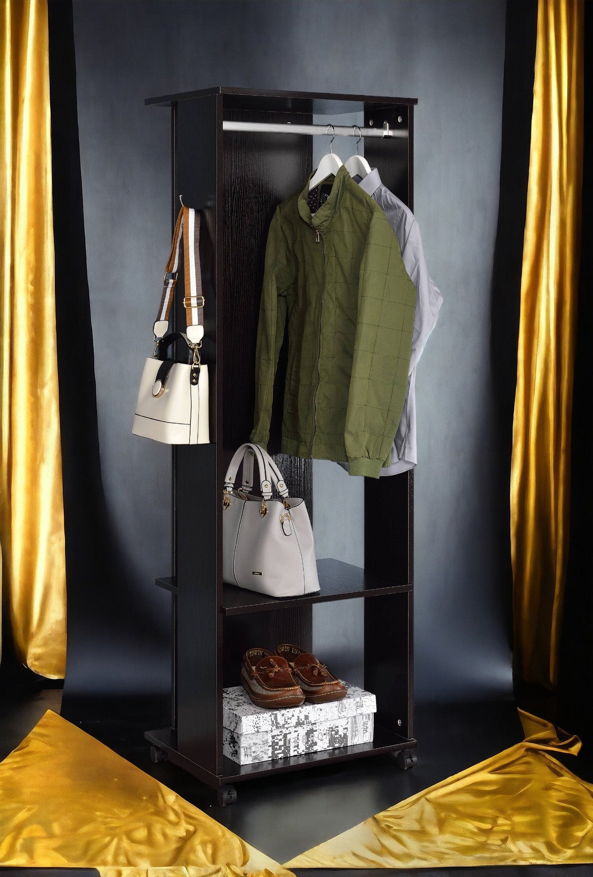 Espresso Hall Tree with Mirror, Hanging Rod and Storage - 1st Choice Furniture Direct