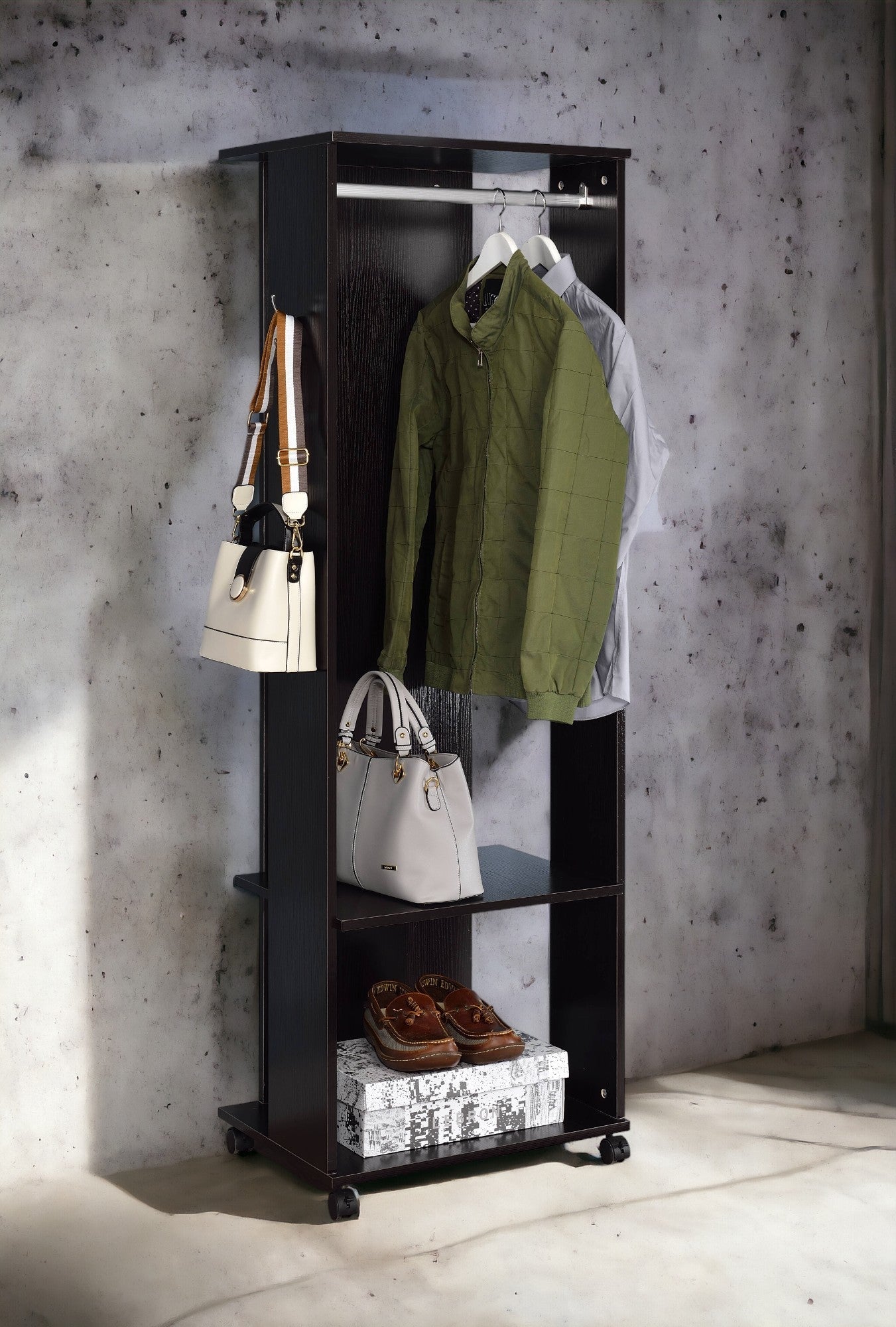 Espresso Hall Tree with Mirror, Hanging Rod and Storage - 1st Choice Furniture Direct