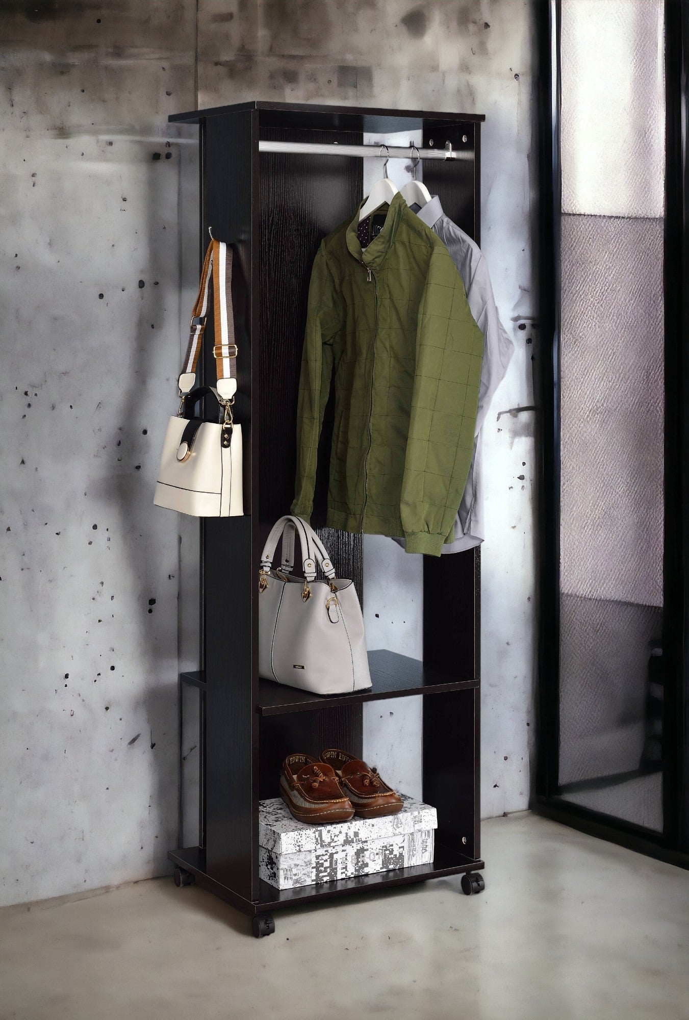 Espresso Hall Tree with Mirror, Hanging Rod and Storage - 1st Choice Furniture Direct
