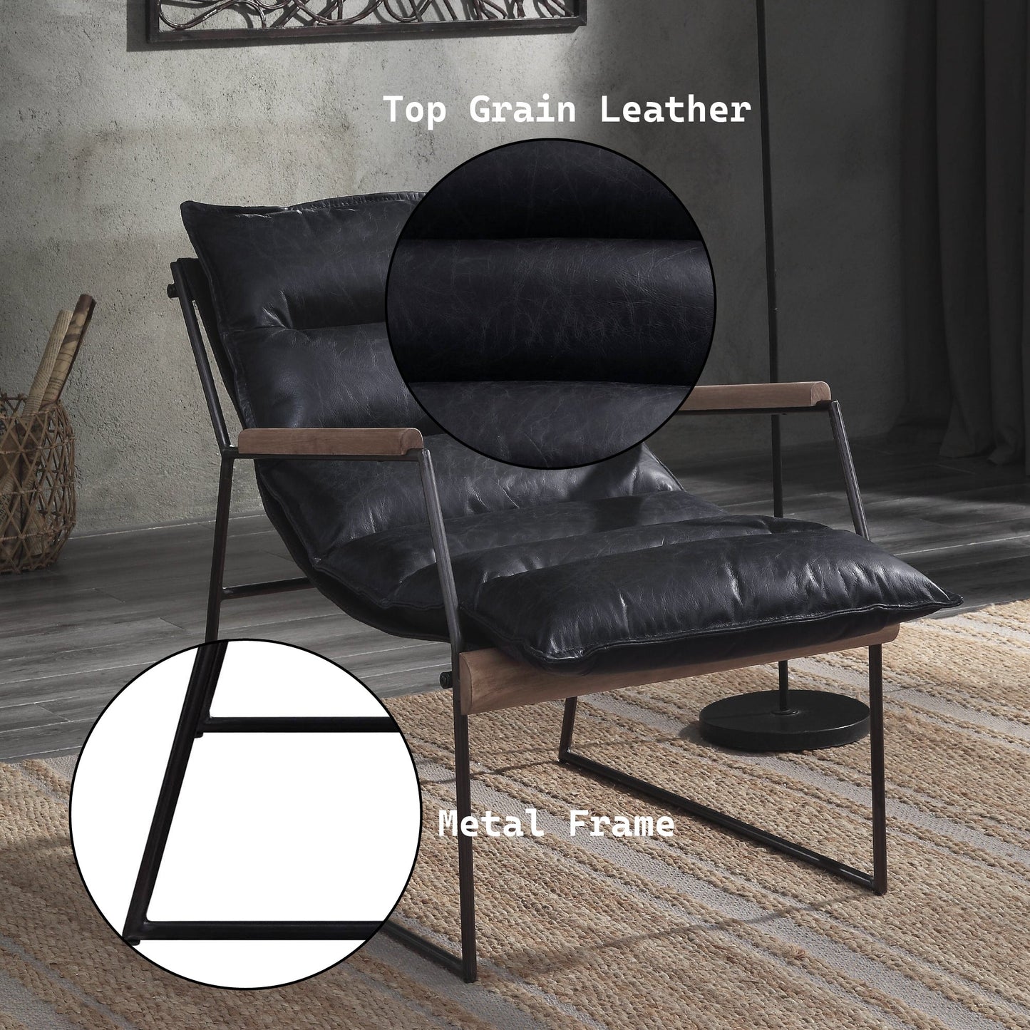 Espresso Top Grain Leather Accent Chair with Metal Frame - 1st Choice Furniture Direct