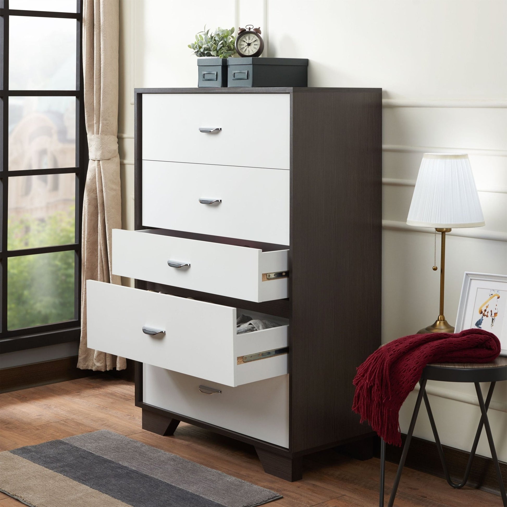 Espresso & White 5-Drawer Chest with Metal Legs - 1st Choice Furniture Direct