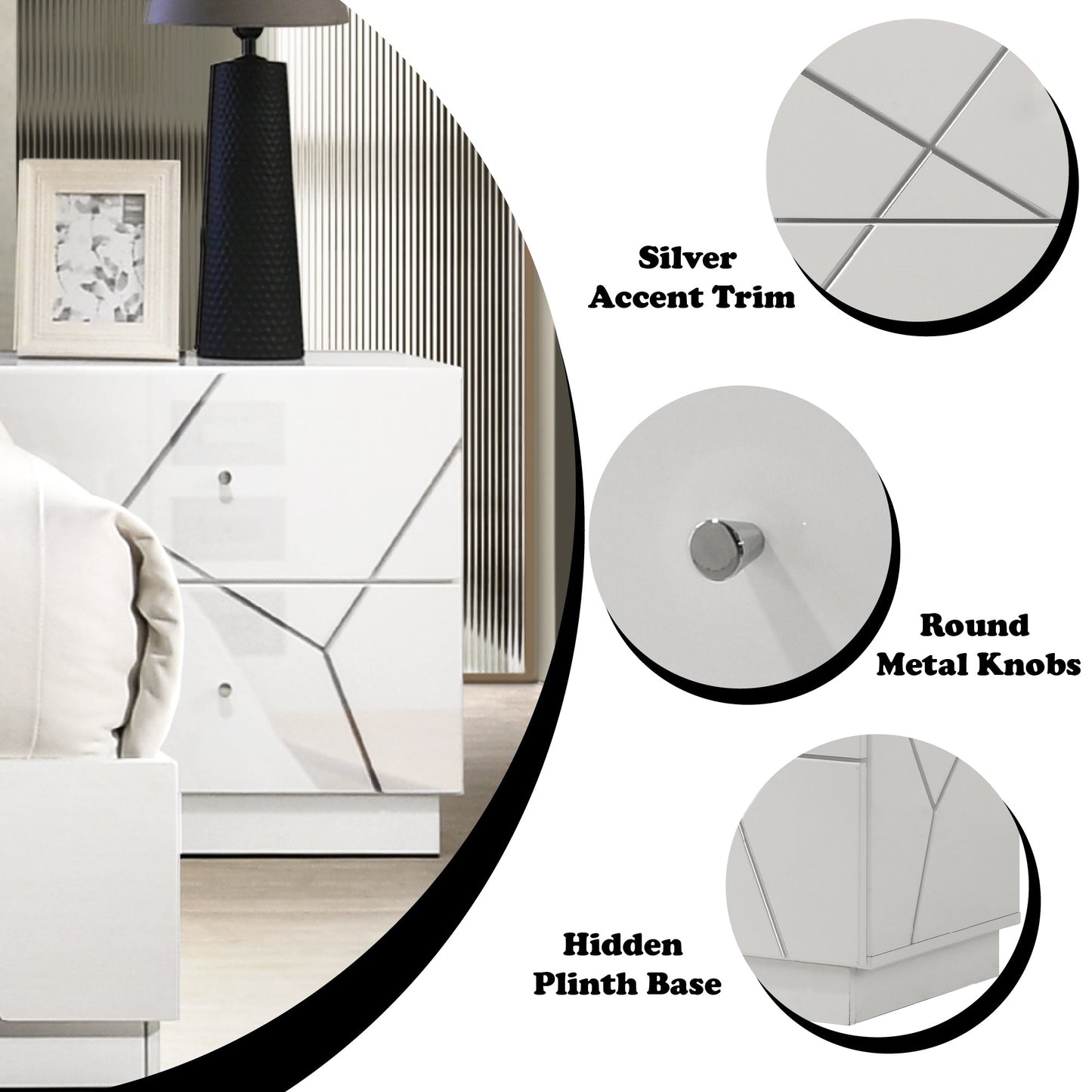 Esther White & Silver High Gloss Nightstand, Assembled - 1st Choice Furniture Direct