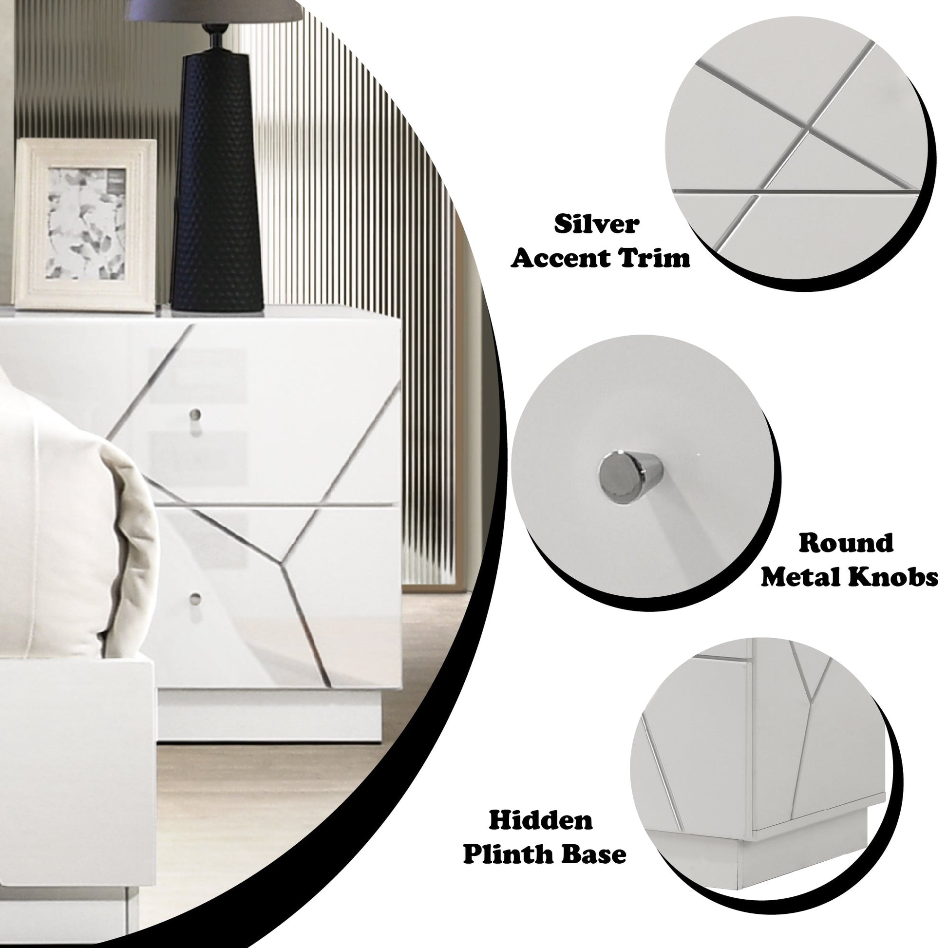 Esther White & Silver High Gloss Nightstand, Assembled - 1st Choice Furniture Direct