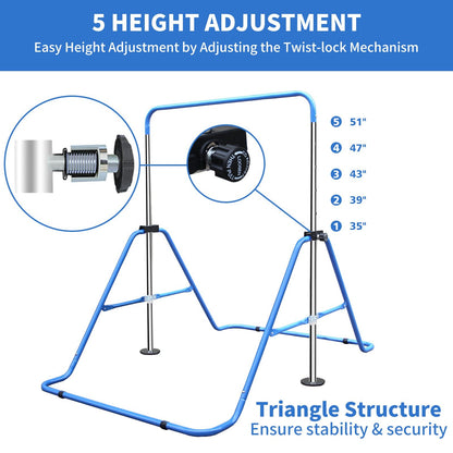 Expandable Gymnastics Bar for Kids - Height Adjustable Junior Training Bar for Home, Folding Gymnastic Horizontal Bars Equipment Blue - 1st Choice Furniture Direct