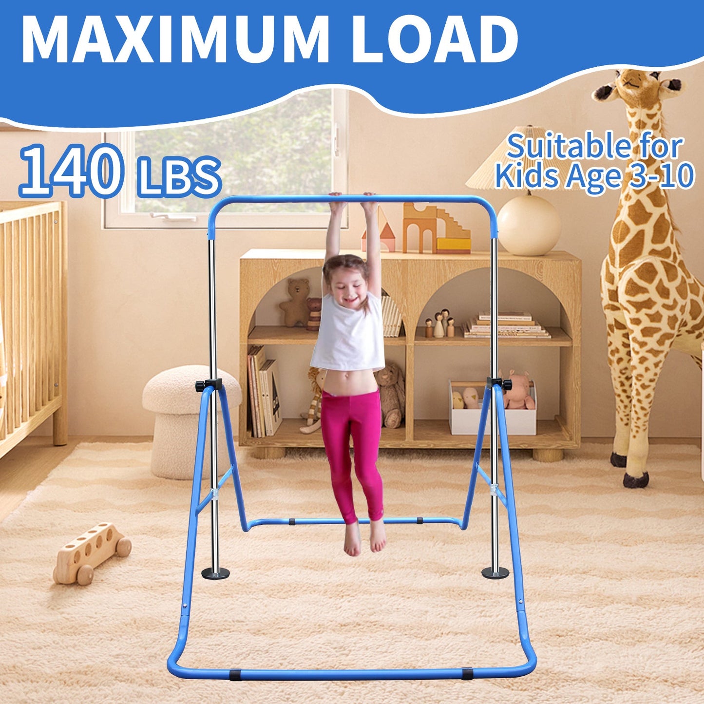 Expandable Gymnastics Bar for Kids - Height Adjustable Junior Training Bar for Home, Folding Gymnastic Horizontal Bars Equipment Blue - 1st Choice Furniture Direct