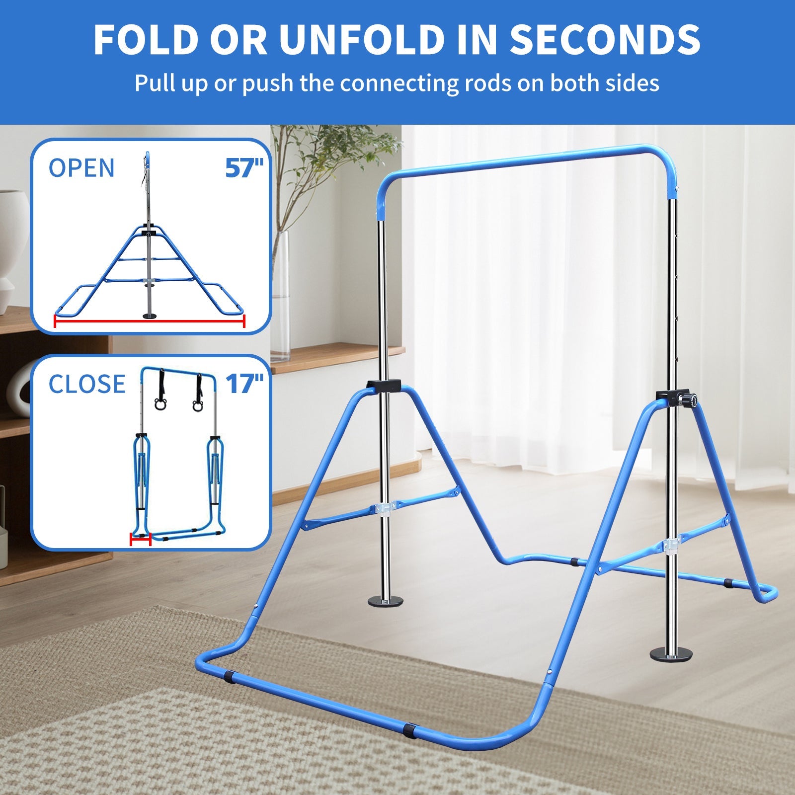 Expandable Gymnastics Bar for Kids - Height Adjustable Junior Training Bar for Home, Folding Gymnastic Horizontal Bars Equipment Blue - 1st Choice Furniture Direct