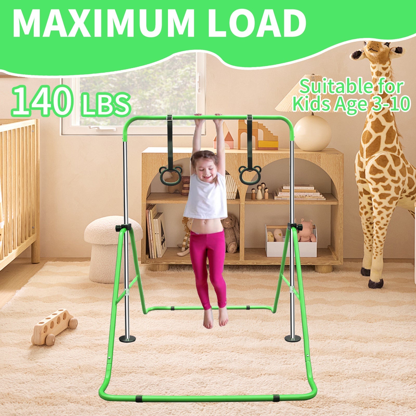 Expandable Gymnastics Bar for Kids - Height Adjustable Junior Training Bar for Home, Folding Gymnastic Horizontal Bars Equipment Green - 1st Choice Furniture Direct