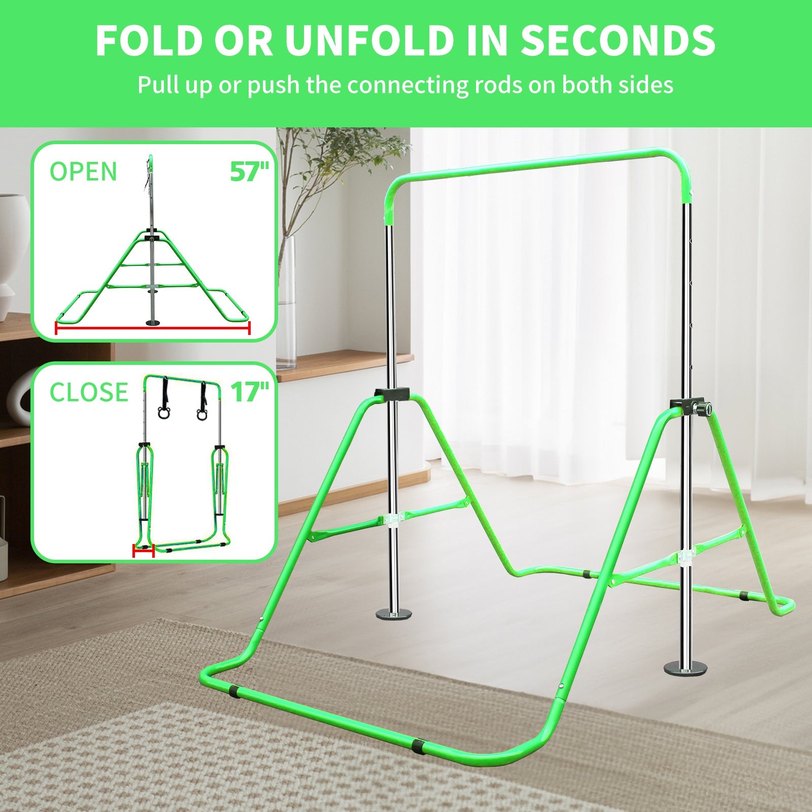 Expandable Gymnastics Bar for Kids - Height Adjustable Junior Training Bar for Home, Folding Gymnastic Horizontal Bars Equipment Green - 1st Choice Furniture Direct