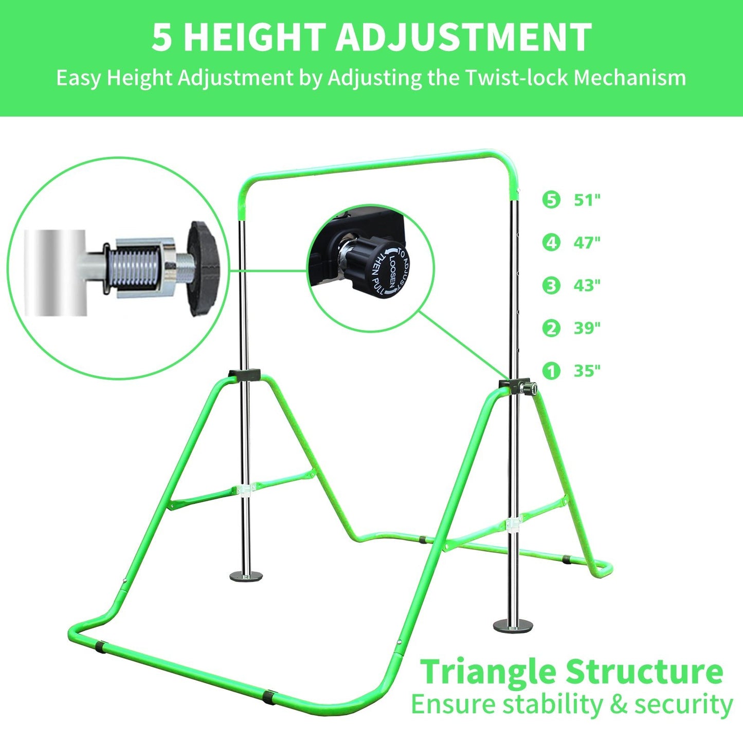 Expandable Gymnastics Bar for Kids - Height Adjustable Junior Training Bar for Home, Folding Gymnastic Horizontal Bars Equipment Green - 1st Choice Furniture Direct