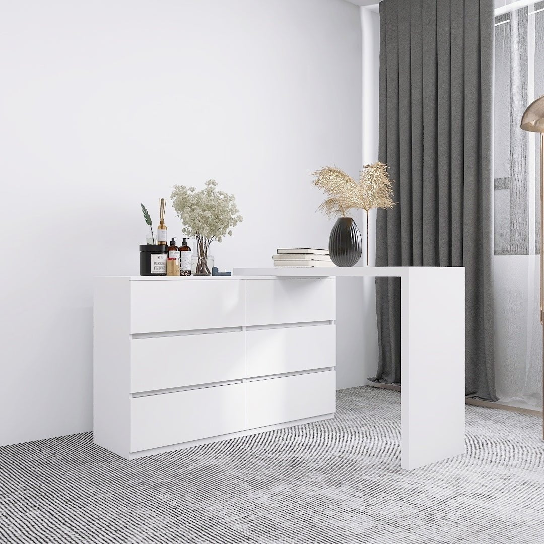 Extended Desktop 6 Drawers Chest of Drawer without Handle White Color Vanity - 1st Choice Furniture Direct