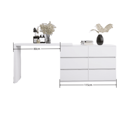 Extended Desktop 6 Drawers Chest of Drawer without Handle White Color Vanity - 1st Choice Furniture Direct