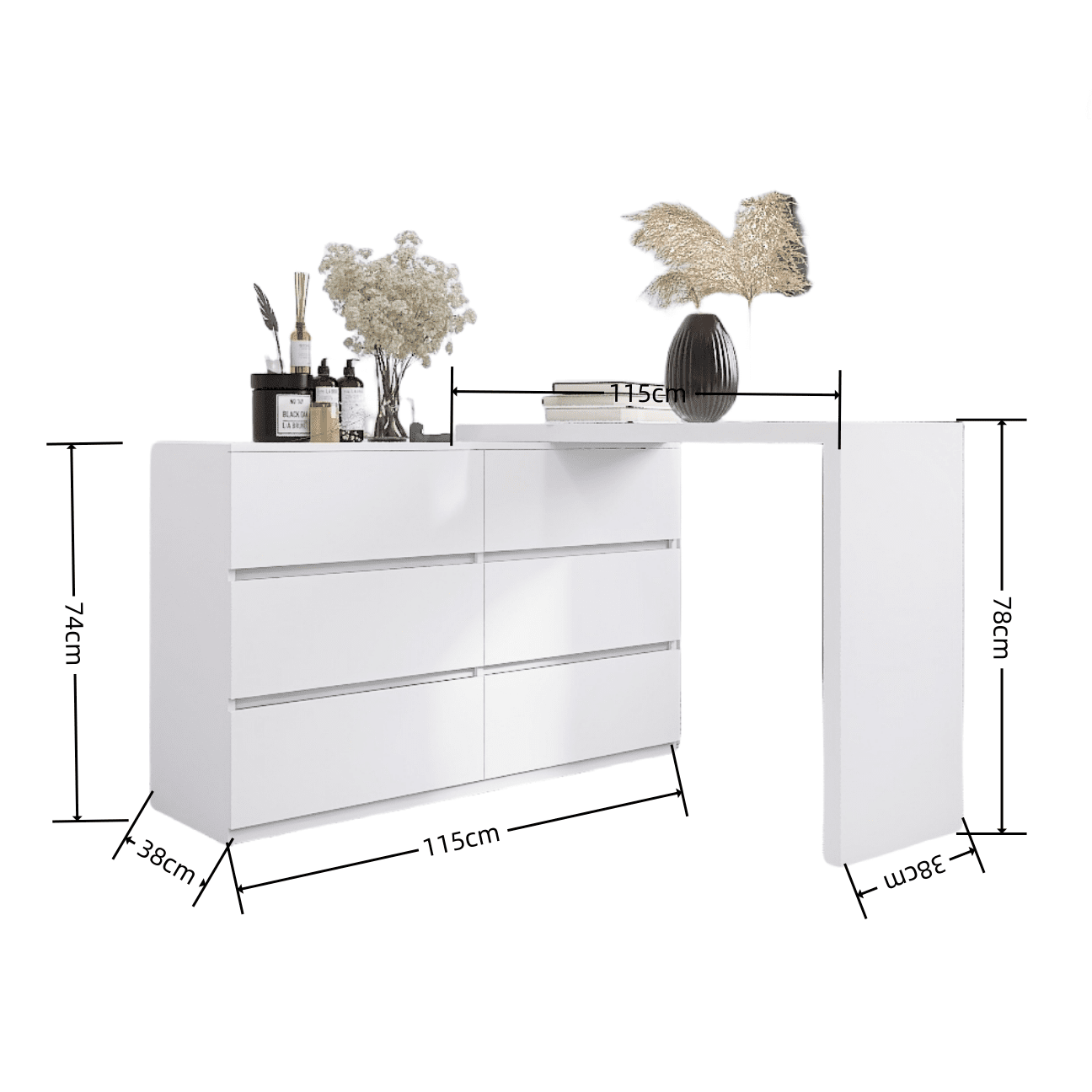 Extended Desktop 6 Drawers Chest of Drawer without Handle White Color Vanity - 1st Choice Furniture Direct