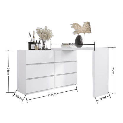 Extended Desktop 6 Drawers Chest of Drawer without Handle White Color Vanity - 1st Choice Furniture Direct