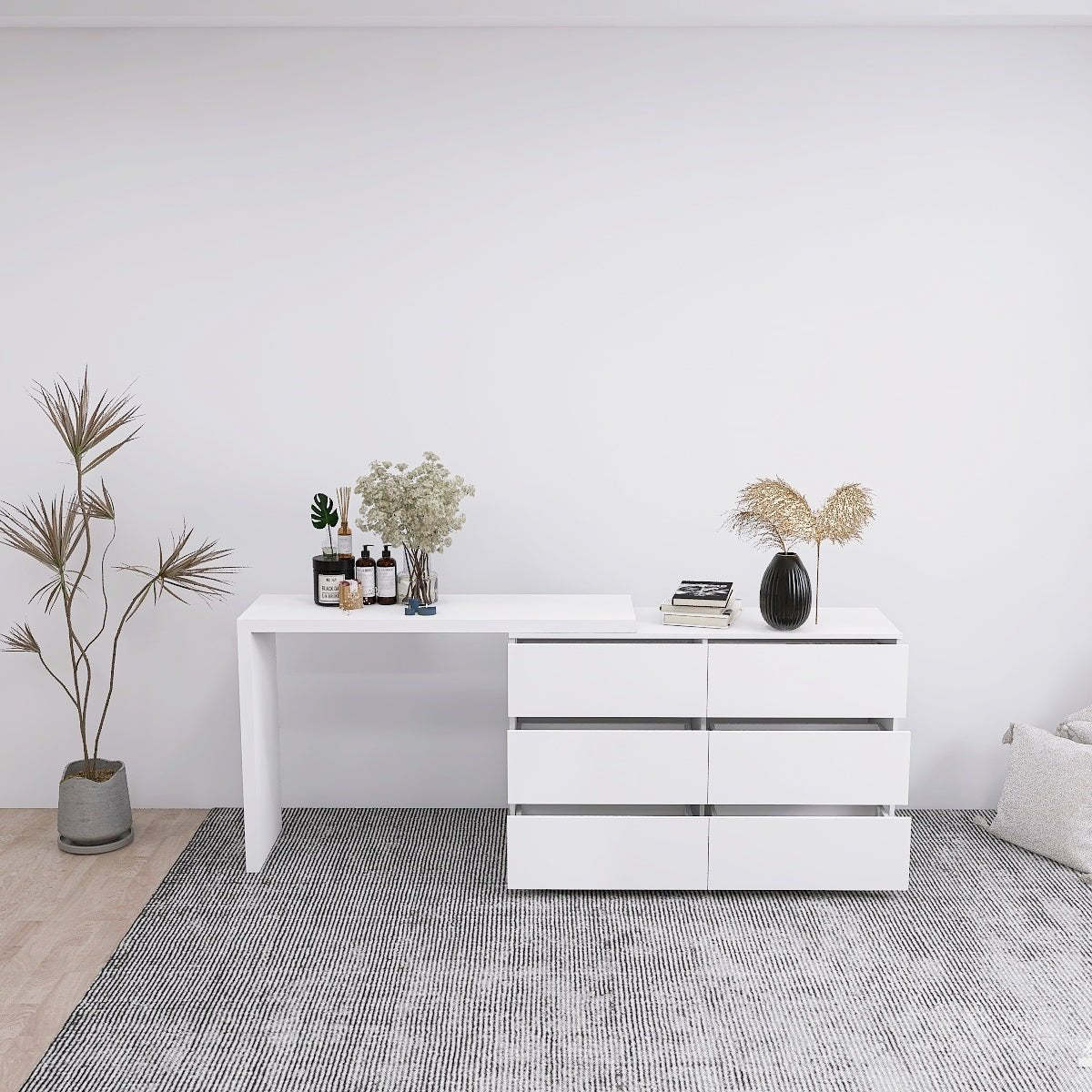 Extended Desktop 6 Drawers Chest of Drawer without Handle White Color Vanity - 1st Choice Furniture Direct