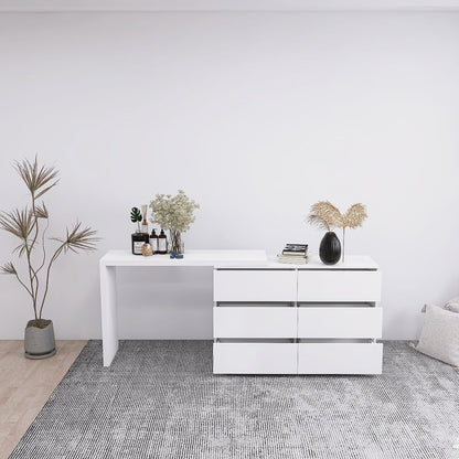 Extended Desktop 6 Drawers Chest of Drawer without Handle White Color Vanity - 1st Choice Furniture Direct