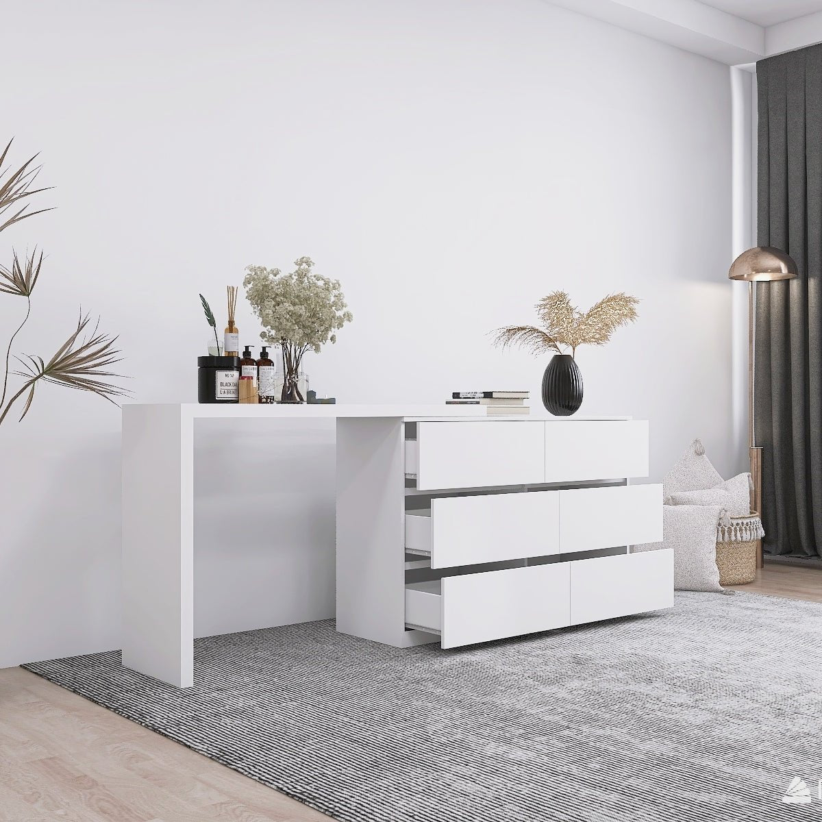 Extended Desktop 6 Drawers Chest of Drawer without Handle White Color Vanity - 1st Choice Furniture Direct