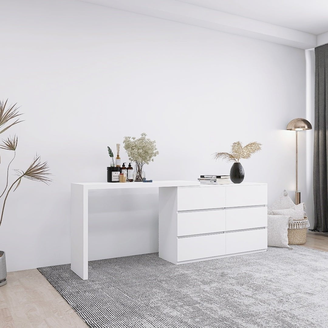 Extended Desktop 6 Drawers Chest of Drawer without Handle White Color Vanity - 1st Choice Furniture Direct