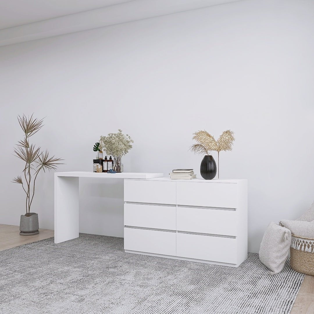 Extended Desktop 6 Drawers Chest of Drawer without Handle White Color Vanity - 1st Choice Furniture Direct