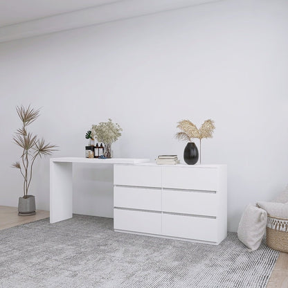 Extended Desktop 6 Drawers Chest of Drawer without Handle White Color Vanity - 1st Choice Furniture Direct