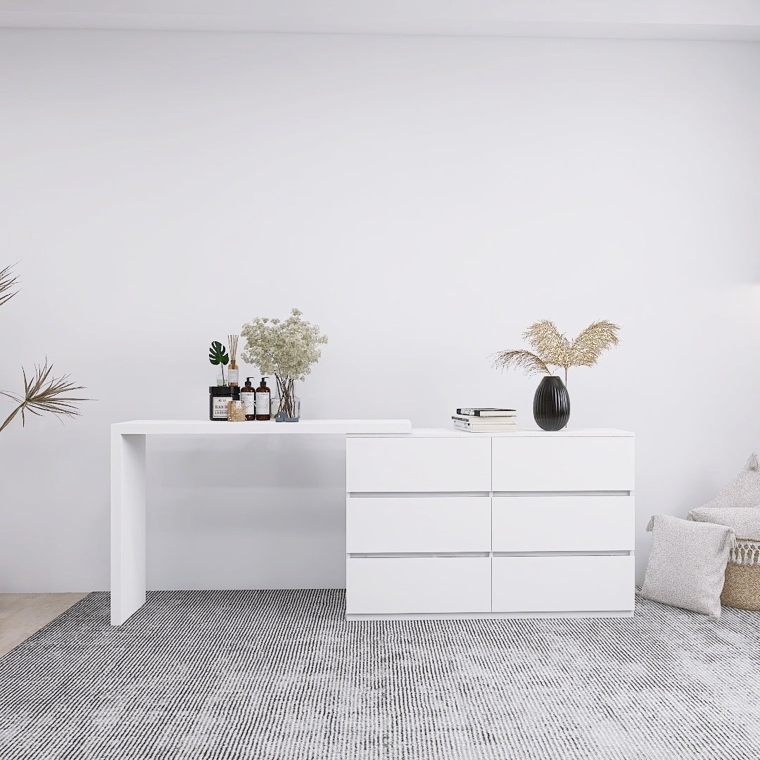 Extended Desktop 6 Drawers Chest of Drawer without Handle White Color Vanity - 1st Choice Furniture Direct