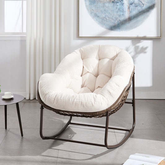 Oversized White Outdoor Rattan Rocking Chair with Cushion