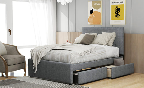 1st Choice Linen Upholstered Full Platform Bed With Headboard and Two Drawers