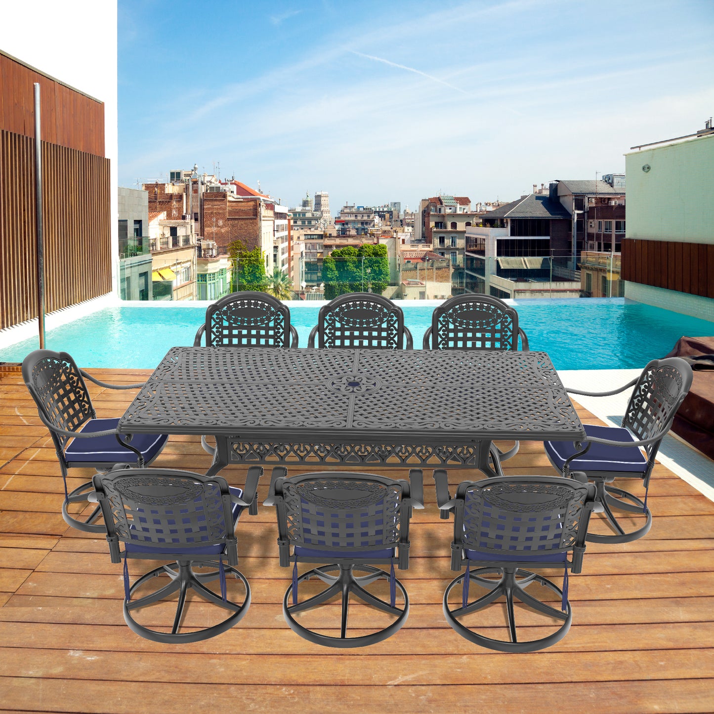 9-Piece All-Weather Cast Aluminum Dining Set, Include 8 Swivel Chairs and Rectangular Table With Black Frame