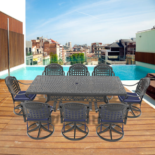 9-Piece All-Weather Cast Aluminum Dining Set, Include 8 Swivel Chairs and Rectangular Table With Black Frame