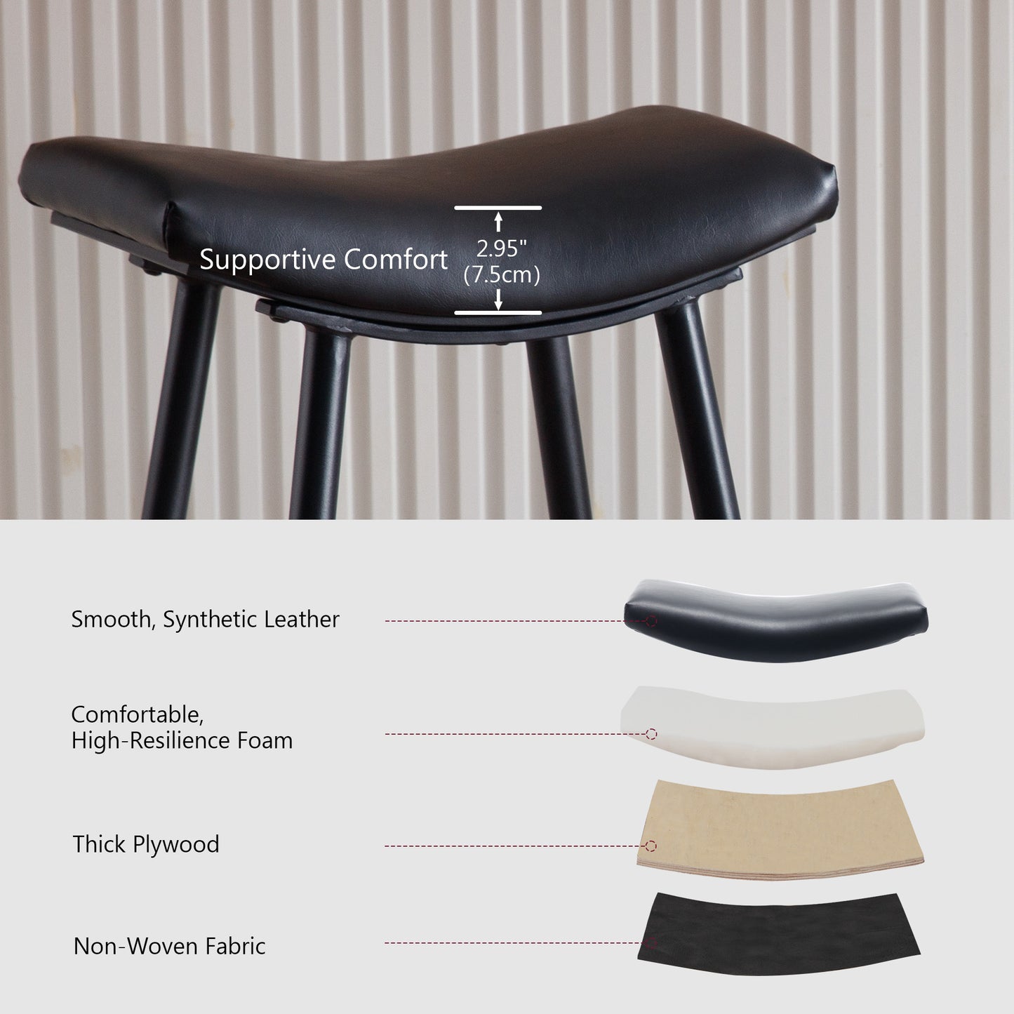 Bar Stools Set of 2 Armless Counter Low Bar Stools Without Back Modern PU Leather Stools with Metal Leg and Footrest ,Black