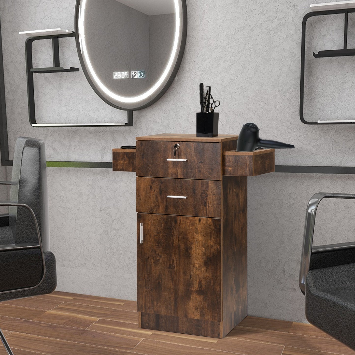 1st Choice Rustic Brown Barber Station with Small Cabinet