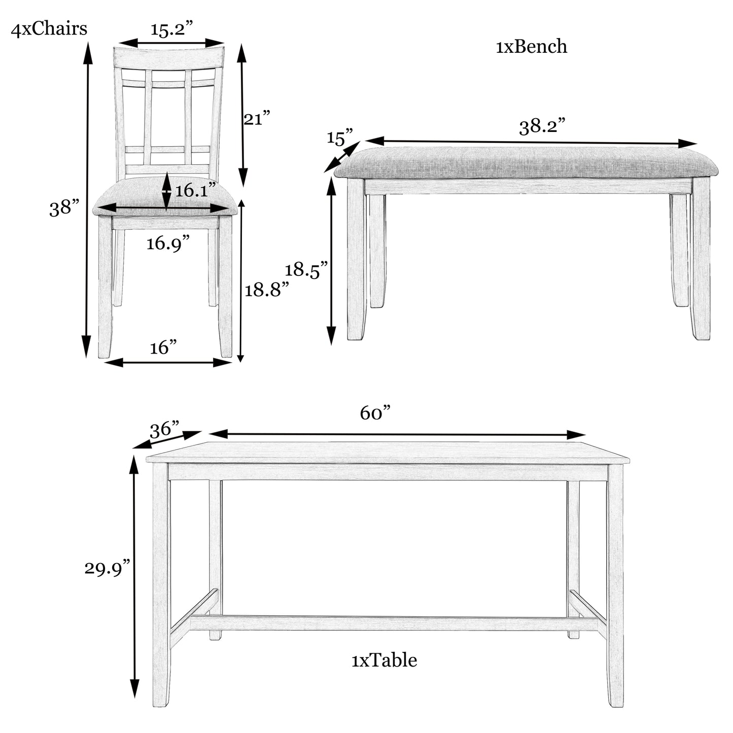 1st Choice 6 Piece Wooden Gray Dining Table Set Farmhouse Rustic Style