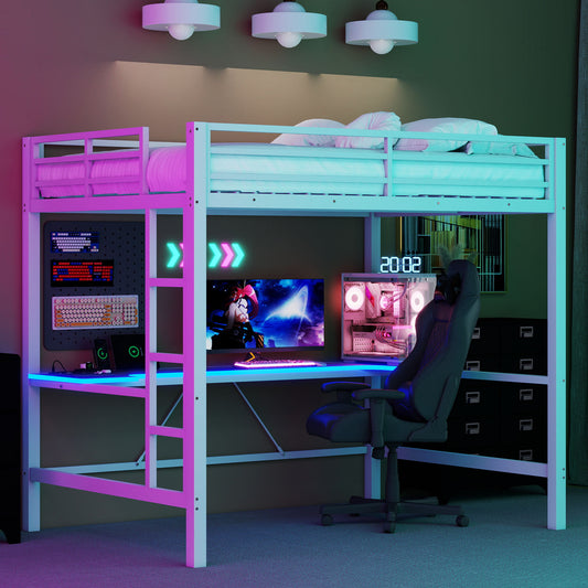 Full Size Gaming Metal Loft Bed Frame with LED Light and Desk,White