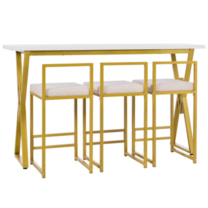 TOPMAX Modern 4-Piece Counter Height Extra Long Console Bar Dining Table Set with 3 Padded Stools for Small Places, Gold