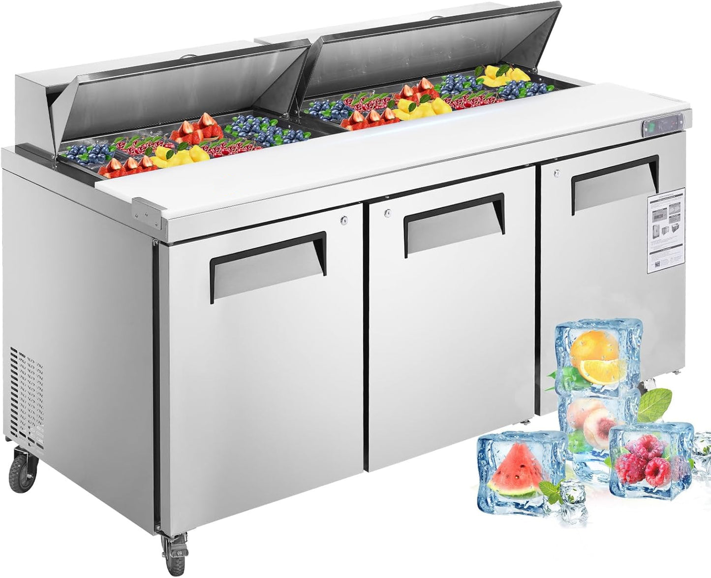 72' W 3 Door Refrigerator Sandwich Salad Prep Table Commercial Stainless Steel Fan Cooling Refrigerator with Cutting Board, 3 Shelves & 30 Pans for Restaurant, Bar, Shop-20 Cu.ft