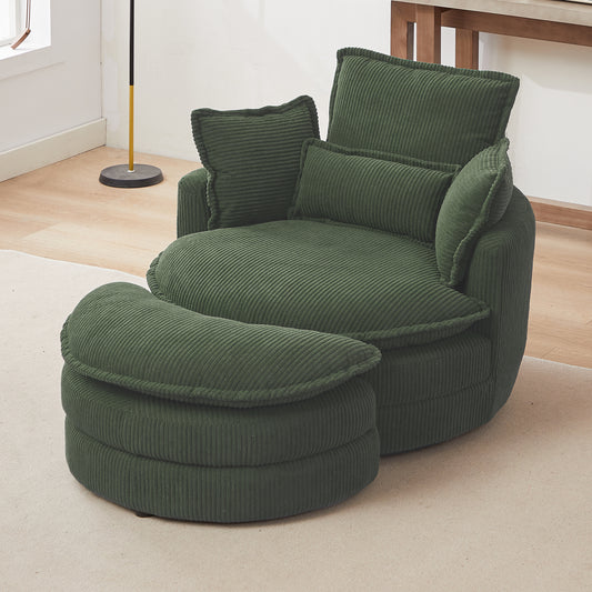 38'W Oversized Swivel Chair with moon storage ottoman for Living Room, Modern Accent Round Loveseat Circle Swivel Barrel Chairs for Bedroom Cuddle Sofa Chair Lounger Armchair, 4 Pillows,CORDUROY