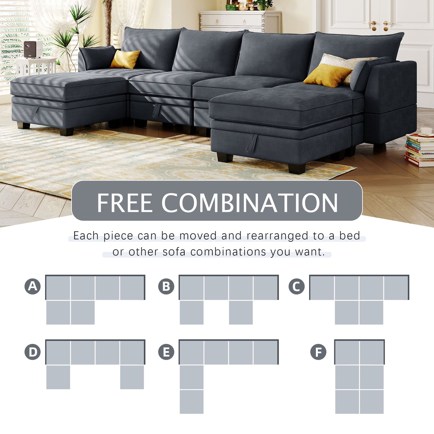 1st Choice Luxury Modern Living Room Large U-Shape Sectional Sofa in Dark Gray