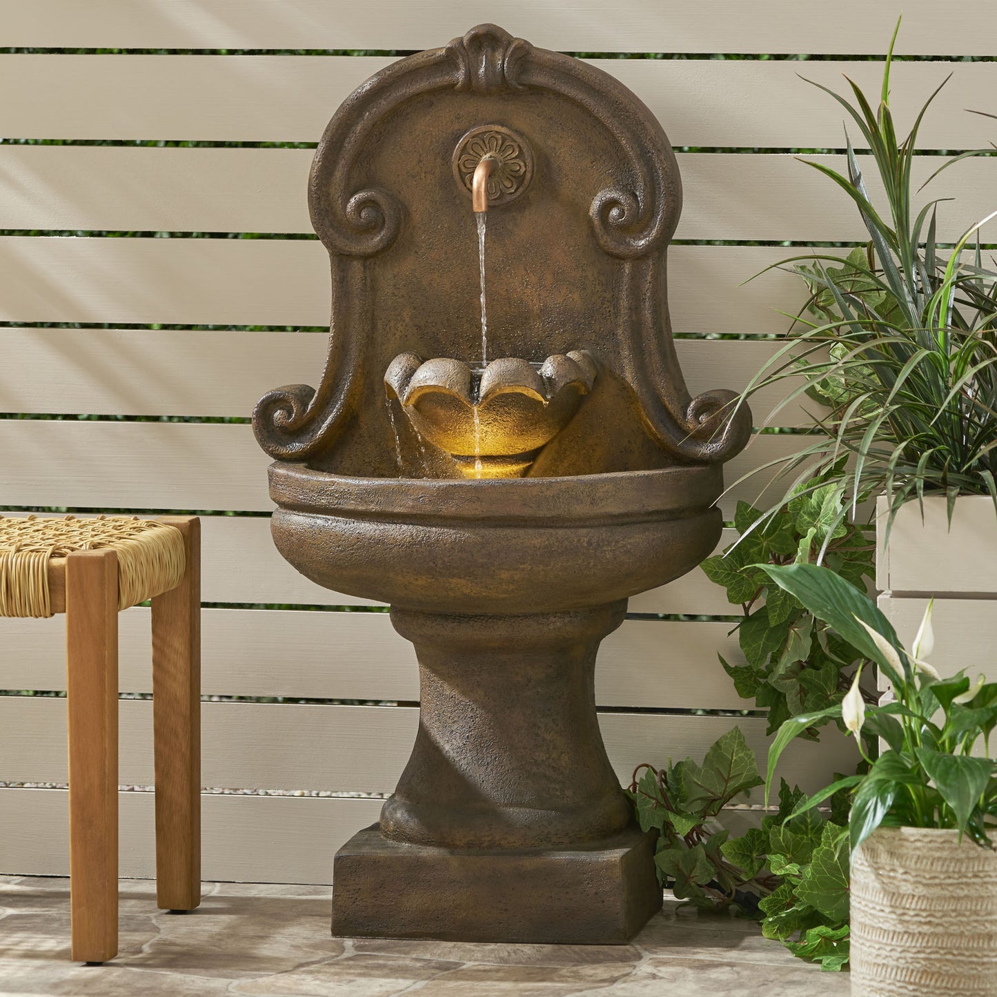 36.1' High FRASER FOUNTAIN Outdoor Weather Resistant Floor Fountain, Light Brown