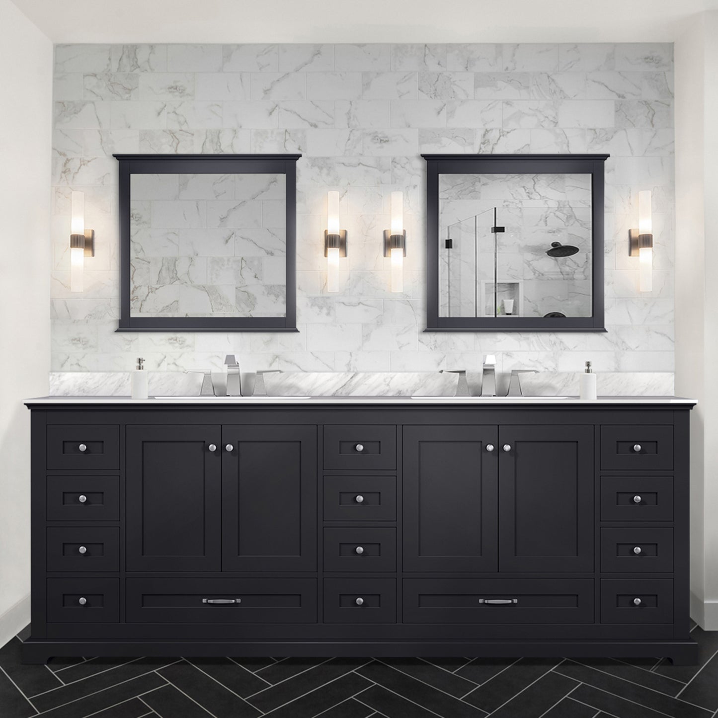 Espresso Double Bath Vanity 84 in. W x 22 in. D, Carrara Marble Top, and Faucet Set