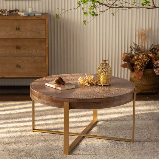33.86'Modern Retro Splicing Round Coffee Table,Fir Wood Table Top with Gold Cross Legs Base(Same SKU:W757127348)