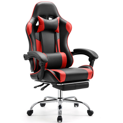 Video Game Desk Chair - Ergonomic Computer with Footrest and Comfy Lumbar Support, PU Leather Recliner with Headrest, Fixed Up Armrest, Height Adjustable with 360° Swivel, for Adults, red